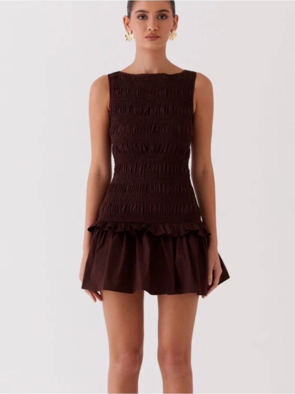Peppermayo Brown Smocked Ruffle Mini Dress